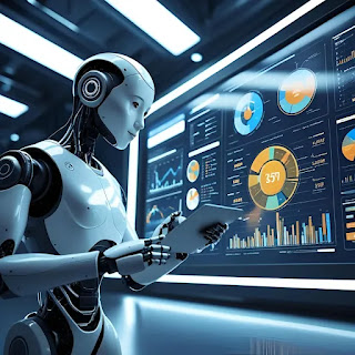 روبوت ذكي يتفاعل مع شاشة رقمية تُظهر بيانات تحليلية متقدمة